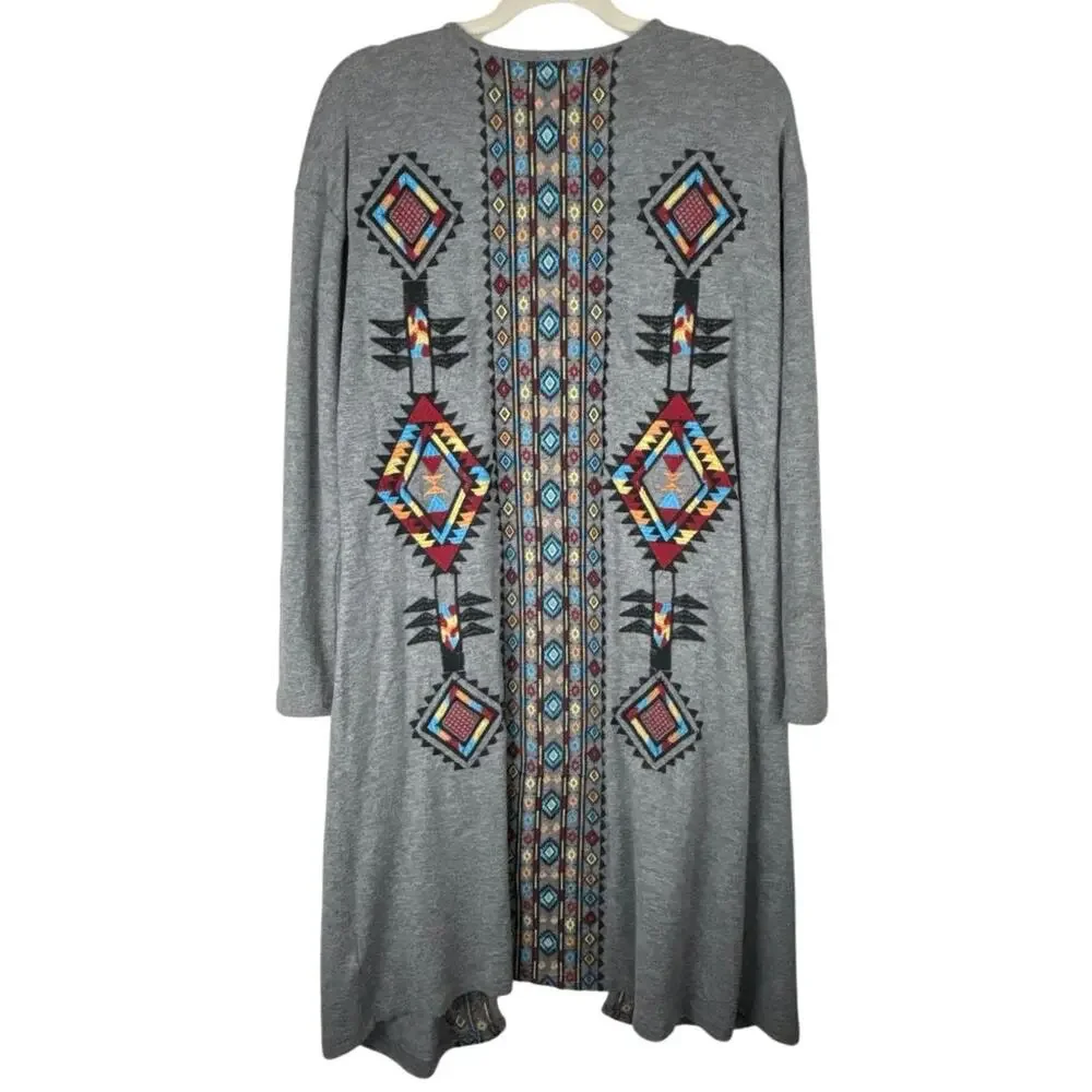 Andree by UNIT Bohemian Tribal Embroidered Open Long Line Cardigan Duster Size S